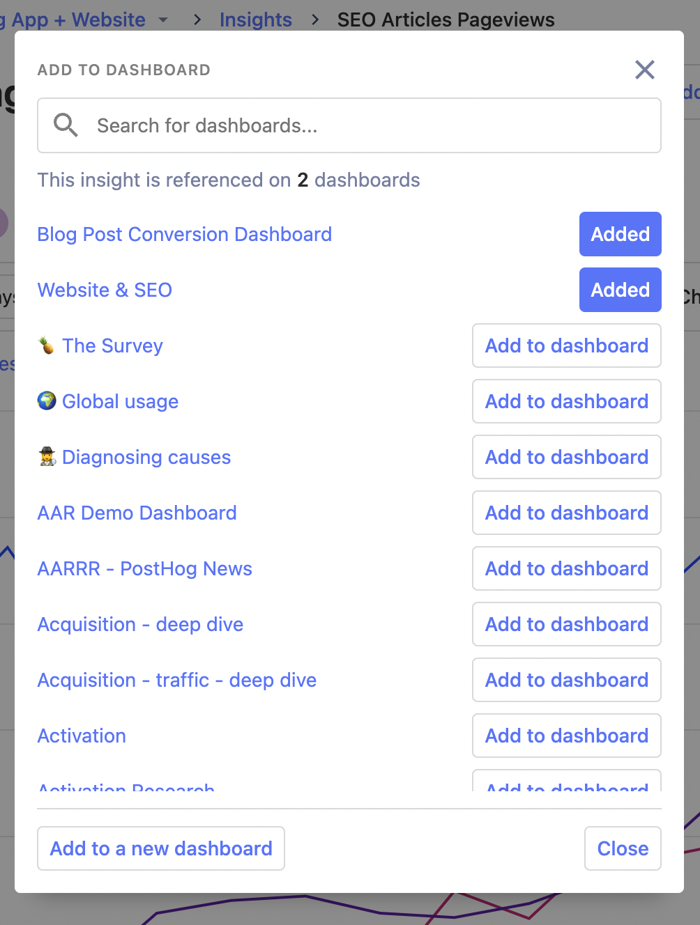 "Add insight to dashboards" modal