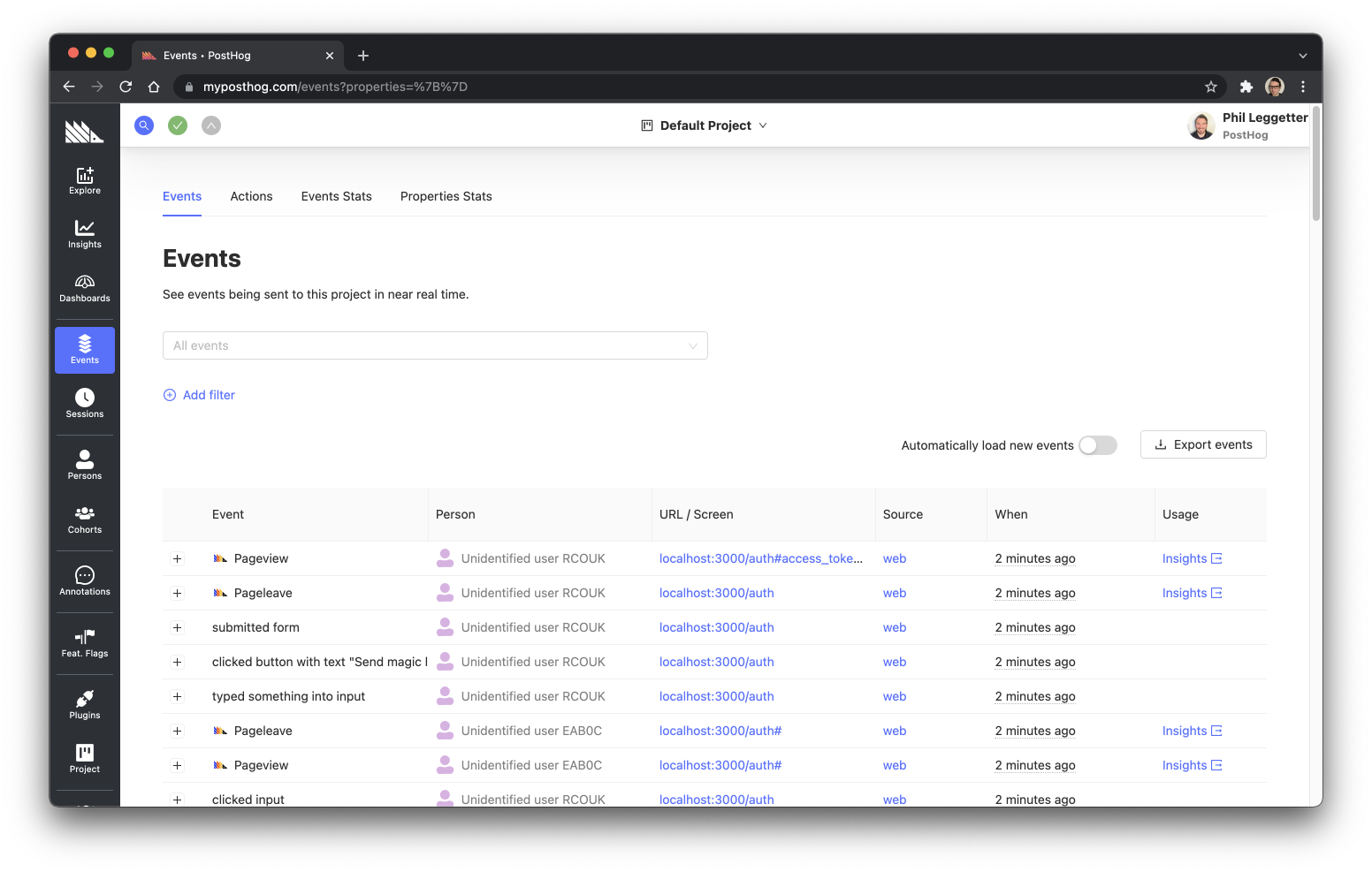 Signup funnel events in PostHog UI